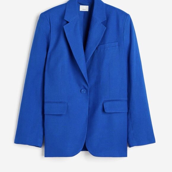 H&M Single-breasted Linen-blend Blazer- royal Blue- S - Picture 1 of 8